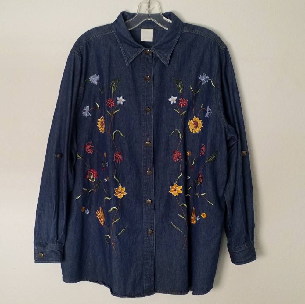 Denim & Embroidered Flowers Button-up Shirt